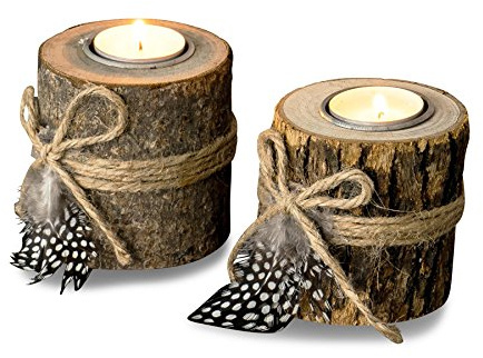 levandeo 2er Set Teelichthalter Holz je 8,5cm hoch Kerzenhalter Federn Kerzenständer Tischdeko