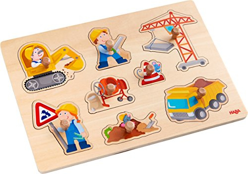 HABA 303697 - Greifpuzzle Baustellen-Welt , Holzspielzeug ab 12 Monaten , 8-teiliges Puzzle aus Holz mit buntem Baustellenmotiv , Mit großen Knöpfen zum Greifen