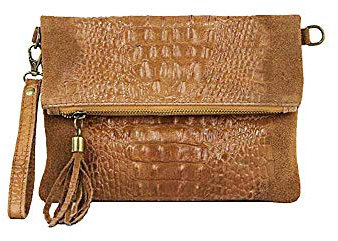 OBC Made in Italy Damen echt Leder Clutch Tasche Kroko Wildleder Handtasche Umhängetasche Ledertasche Schultertasche Fransen Cross-Over Cognac