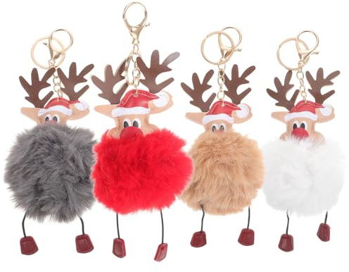 Amosfun 4 pièces Noël Porte-clés Pompoms Pendentif en Forme de Renne Pendentif Porte-clés de à Main Décoration Suspendue de Ornement Noël