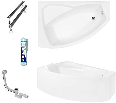 ECOLAM® Badewanne Eckbadewanne Acryl Rima weiß 150x95 cm LINKS + Schürze Ablaufgarnitur Ab- und Überlauf Automatik Füße Silikon Komplett-Set