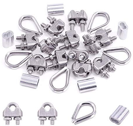 Swpeet 24Pcs M3 (5/16) Wire Rope Accessory Set, Included M3 Wire Rope Cable Clip Clamp, M3 Stainless Steel Thimble, 3mm Aluminum Crimping Loop Sleeve Perfect for 1/8 inch Wire Rope Cable (M3)