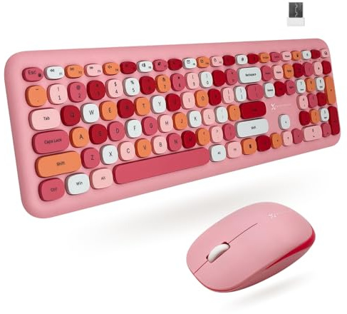 X9 - Combo de teclado y mouse inalámbrico, color rosa, teclado y mouse retro con teclas de burbujas estéticas, teclado y mouse coloridos inalámbricos para PC, laptop, ventanas, cromado