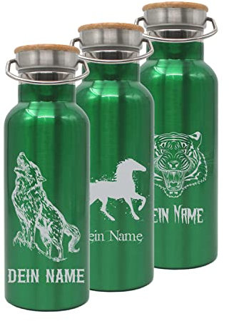 Generisch Trinkflasche personalisiert/grün/Tier-Motive mit Namen/Edelstahl mit Bambusdeckel 500ml / Isolierte Thermosflasche/BPA-Frei/nachhaltig/auslaufsicher/langlebig