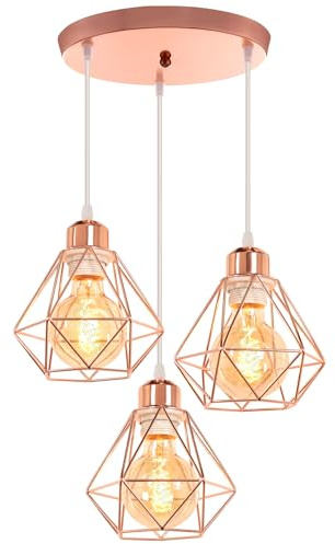 TOKIUS 3-flammig Pendelleuchte Retro Hängelampe mit Geometrischem Design 16CM Lampenschirm E27 Lampe aus Eisen Käfig Roségold Hängeleuchte für Schlafzimmer Küche (Pendellampe, Rondell)