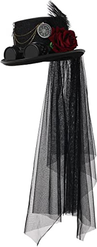 BPURB Chapeau Haut de Forme Steampunk Unisexe Adulte avec Lunettes Gothique Victorien Dentelle Voile Plume Chapeau Haut de Forme (61cm/24.02 Inches, Noir)