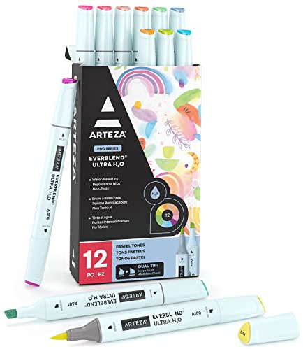 ARTEZA Dual Tip Brush Pens, EverBlend Ultra H2O Watercolor Markers, 12 Pastel Tones, Nylon Brush and Medium Chisel Tips, Water-Based Ink for Lettering, Coloring & Illustration