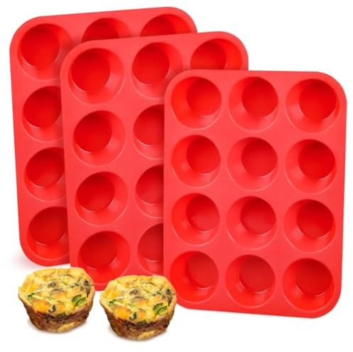CAKETIME Silicone Muffin Pan, 12-Cup Cupcake Pan for Baking 3 Pack Nonstick Food Grade Silicone Muffin Tray
