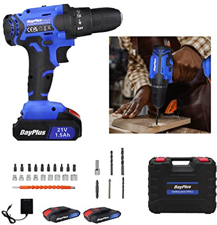 Taladro Atornillador 21V con 2 Baterías, Taladros de Batería/Destornillador Eléctrico, 45N.m Par Máx, 1 Cargador, 25+1 Ajuste de Par, portabrocas de 10 mm Taladro Percutor, 26 Accesorios