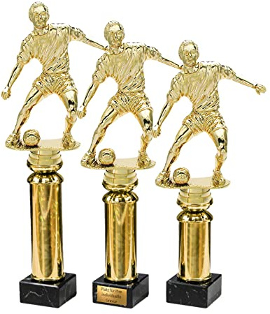 eberin – Fußball Pokal in 3 Größen – Trophäe Award Fußballspieler mit Ball auf Goldsäule/Marmor Pokal mit Gravur/Wunschtext