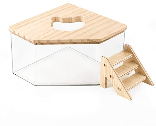 Jinzhenhong Hamster Sand Bath, Pentagon Acrylic Hamster Dig Box with Wood Cover, Sand Bath for Hamsters, Small Animals