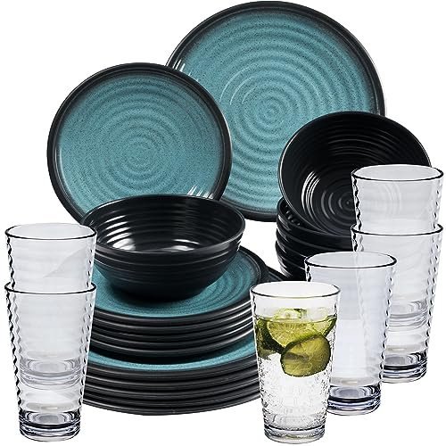 Vaisselle en mélamine - 24 pièces - Aspect faïence élégant - Bleu - Avec verre à eau de 400 ml transparent - Pour 6 personnes - Vaisselle à eau - Verre à eau - Whisky - Vaisselle de camping et