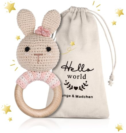 Gehäkelte Babyrassel - Häkeln Holz Greifling Handmade geschenk zur geburt Mädchen und Junge Geschenk zur Geburt babygeschenke zur geburt mädchen (Hase)