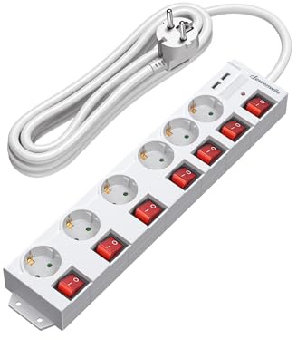 DEWENWILS Multiprise USB avec Interrupteurs Individuels, 5 m, Blanc | Multiprise 6 Prises + 2 USB, Montage Mural, 3680 W/16 A, Surtension, Sécurité Enfant, Disposition À 90°