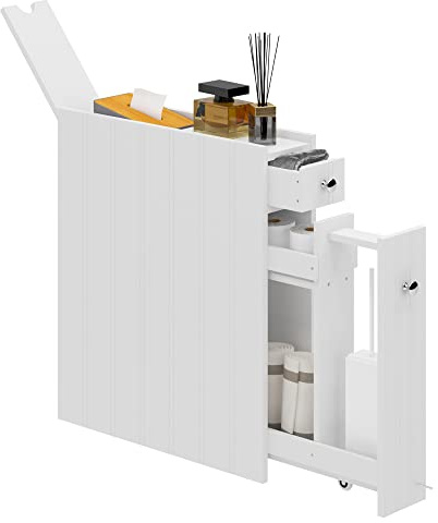 SogesGame Schmaler Badezimmer-Aufbewahrungsschrank, 2-stöckig, 14 cm breit, Bodenschrank mit Schubladen und Rollen für kleine Räume, Toilettenpapier-Aufbewahrungsschrank, Weiß