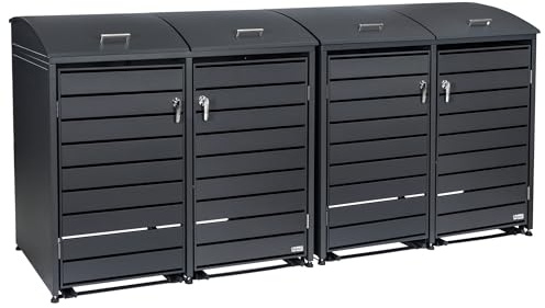 Zelsius Mülltonnenbox 4 Tonnen mit abgerundetem Deckel | 120-240 Liter | Anthrazit RAL7016, inkl. Erweiterungsmöglichkeiten | Garten Müllhaus, Mülltonnenbox 4er Aufbewahrungsbox für Mülltonnen