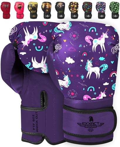 Exxact Sports Knockout Printed Youth Boxing Gloves for Kids (3-10 Years) with Padded Protection and Wrist Support, Durable Engineered Leather Kids Boxing Gloves for Boys and Girls (Unicorn, 4OZ)