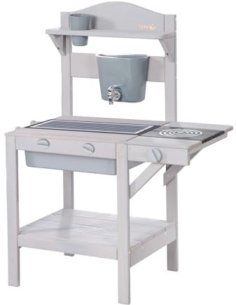 roba Matschküche für Kinder inkl. Zubehör - Kleine Outdoor Spielküche aus wetterfestem FSC zertifiziertem Holz - Grau lasiert