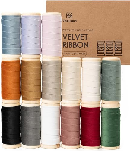 Vitalizart Cinta de Terciopelo 15 Colores 0,95 cm x 68,5 m con Carrete de Madera, Cinta de Tela 15 Rollos x 4,57 m para Adornos Navideños, Manualidades & Coronas de Regalo