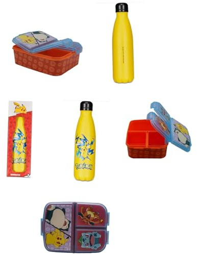 PELLECCHIA 1969 | Set Pranzo Scuola 2 Pezzi | Porta Merenda Scuola con 3 scomparti in Plastica BPA Free e Bottiglia termica in acciaio inossidabile con tappo svitabile 500ml (POKEMON FAN)