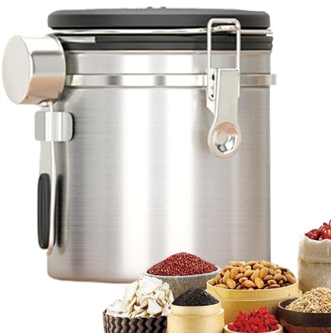 Rurunklee Récipient à café moulu – Bocal à café avec cuillère et valve d'échappement | Boîte à café sous vide en acier inoxydable 304 pour céréales, sucre, noix