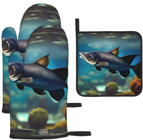 Subaquatic - Set di guanti da forno e presine con stampa di pesce gatto, guanti da ristorante, cucina, forno a microonde
