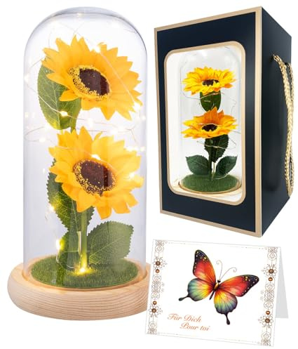 Lunartec Blume: Künstliche Sonnenblumen unter Glas, LED-Licht, 21,5 cm, Geschenktasche (Blumendekoration LED, Blumen im Glas mit Licht, Gläser)