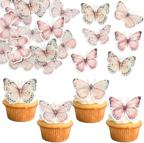 Ephlyn 48Pcs Edible Butterfly Cake Decorations Wafer Paper Butterflies Cupcake Toppers Butterfly Decorations for Wedding Birthday Anniversary Baby Shower Party Decorating Supplies Pink