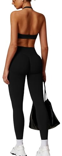 Odizli Gym Sets for Women 2 Piece Ladies Halter Neck Shock Absorber Sports Bra Top + High Waisted Compression Scrunch Bums Leggings Outfit Yoga Workout Fitness Running Exercise Activewear Black XS