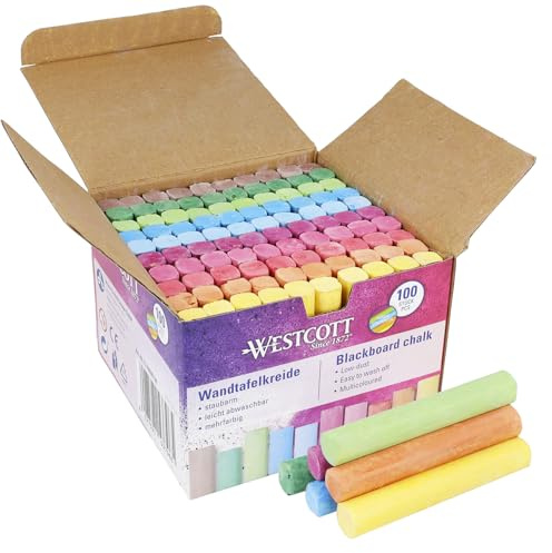 Westcott E-744987 00 - Tizas de 100 unidades, multicolor, 1,2 cm, en colores brillantes, sin polvo y fácil de limpiar, 8,5 cm de largo