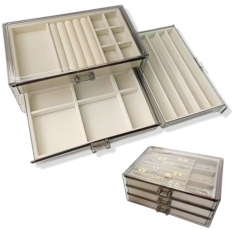 INMORVEN Schmuckkasten Damen Schmuck Organizer - 3-stufige Aufbewahrungsbox (23,5x13,5x11cm) für Ringe & Ohrringe | Transparentes Schmuckaufbewahrungssystem mit variablen Fächern