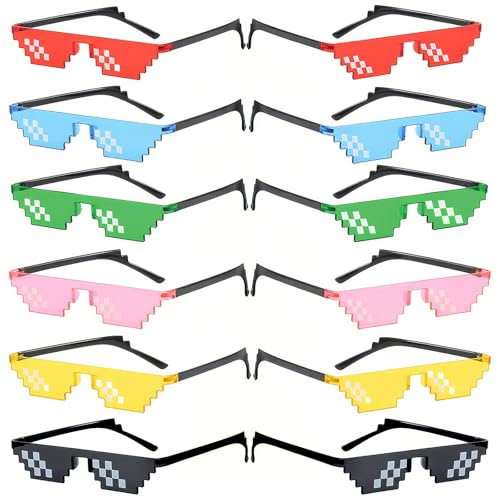 12 Pairs Cool Thug Glassess, 6 Colors Pixel Sunglasses, Photo Props Unisex Glasses, Retro Plastic Sunglasses, Versatile Funny Eyeglasses, Fancy Dress Glasses for Holiday Decoration Props Glasses