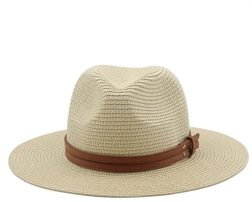 AAIXXIZAO Sonnenhut Strohhut Hut Damen Panama Weicher Strohhut Mit Braunem Gürtel Frauen Männer Breite Krempe Strand Sonnenkappe Uv-Schutz Fedora Hut 59Cm Beige