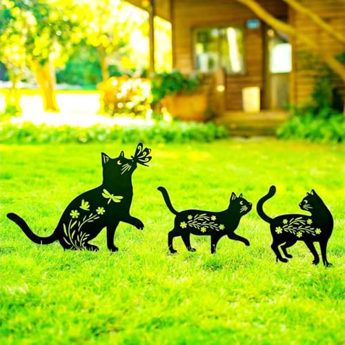 Lot de 3 piquets de Jardin décoratifs en métal pour Cour, Jardin, pelouse, décorations extérieures pour Les Amoureux des Chats. (Chats Noirs de 3)