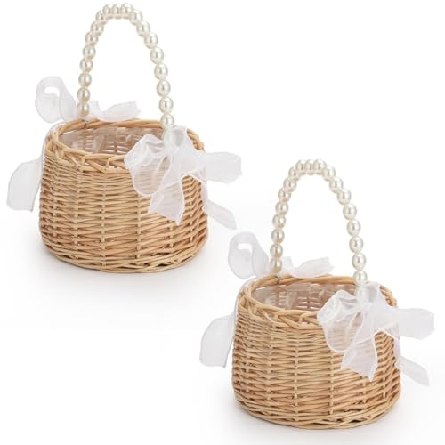 2 Stück Korb für Kinder Hochzeit, Handgeflochtene Blumenkörbe, Kleiner Weidenkorb Mit Henkel, Picknickkorb mit Einlagen, Prinzessin Korb für Hochzeit, Ostern, Party-Dekoration (S, B)