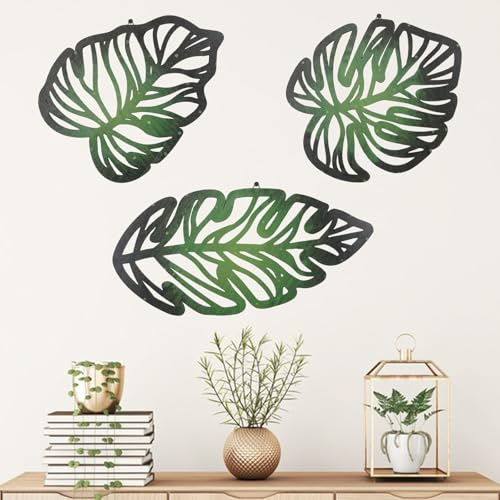 URROMA Decoración de pared de hojas de palma de madera verde, 3 piezas de arte de pared de selva tropical, decoración de plantas naturales, placa de hoja de Monstera para dormitorio, jardín, casa de