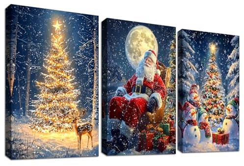 3 Pcs Marco de Madera Cuadro Moderno Árbol de Navidad Luminoso Lienzo Decorativos Pintura Imagen Cartel Reno Muñeco de Nieve Cuadros Decoracion Salon Dormitorio Comedor Pasillo Fiesta 40cmx60cmx3