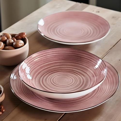 Maison Sucrée Servizio Piatti 18 Pezzi in Porcellana Colorata – Piatto Piano Fondo e Dessert – Lavabili in Lavastoviglie e Adatti al Microonde (Rosa)