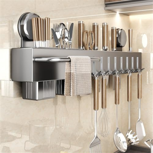 Porte-couverts mural avec 8 crochets pour rangement de cuisine, support à ventouse pour ustensiles, couteaux, casseroles et poêles, gris (50 x 14 x 5,5 cm)