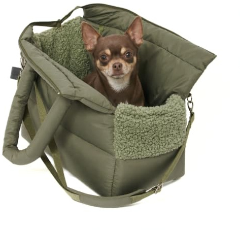 PAW WOW Hundetragetasche SARA | stilvolle Hundetragetasche für kleine Hunde | Wind- & wasserabweisend | Teddy-Innenfutter, Verstellbarer Schultergurt, Außentasche (Olive)