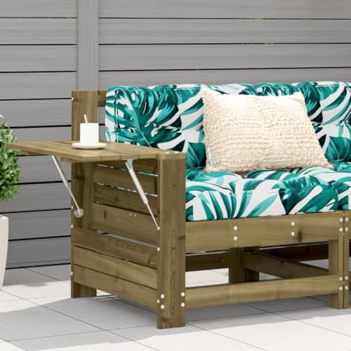 IBUQDDV Gartensofa mit Armlehne und Kissen aus imprägniertem Kiefernholz, bequemes Latten-Design mit klappbaren Ablagen, modulares Outdoor-Set für Terrasse und Garten,