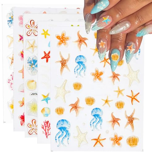 NICENEEDED 4PCS Pegatinas para Uñas de Playa En Relieve 5D, Calcomanías para Uñas con Diseño de Concha, Estrella de Mar Y Caracol para Uñas de Verano