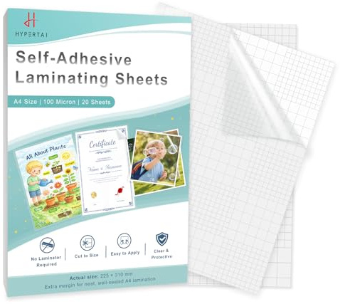 HYPERTAI Self-Adhesive Laminating Sheets, A4 Size 20-Pack No Heat No Machine Laminating Film, 225 * 310MM 100 Micron Glossy Protection Film for DIY Crafts, Home & School