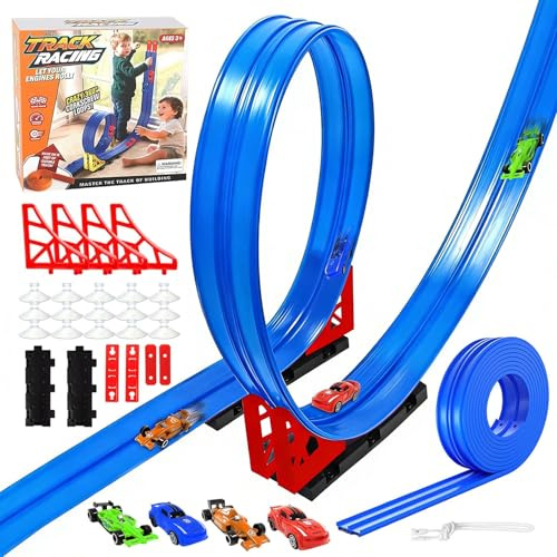Flexible Rennbahn Kinder, 4M Flexible Autorennbahnen mit 4 Autos Rollt Auf, Flexible Rennbahn Dual Rennstrecke, Rollt Auf Tragbare Dual Rennstrecke Rampen, Geschenke für Jungen und Mädchen
