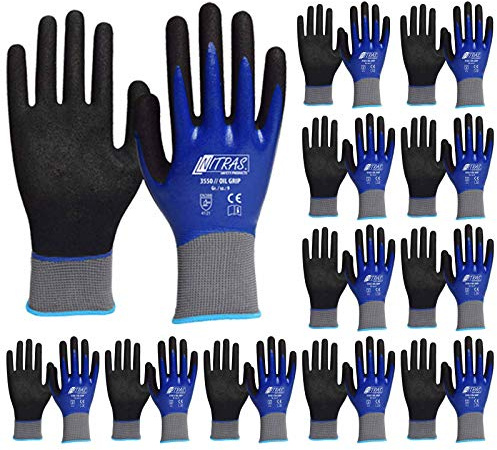 NITRAS 3550 Oil Grip - Nitrilhandschuhe vollbeschichtet, Nylonhandschuhe im Set - VPE 12 Paar, Größe:11 (XXL) | Nylonhandschuhe vollbeschichtet | Ideal für feuchte & ölige Werkstücke | EN 388 Schutz | Hohe Fingerfertigkeit | Sanded-Grip