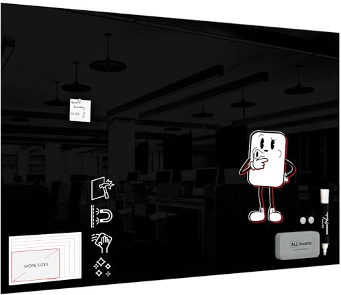 ALLboards Glas Magnettafel Schwarz 180x120cm Black Glassboard Rahmenlos Memoboard aus Glas Glastafel Magnetwand zum Beschriften Magnetische Tafel Wandbild Gehärtetes Glas