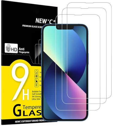 NEW'C 3 Piezas, Protector Pantalla para iPhone 14, iPhone 13, iPhone 13 Pro (6,1 Pulgadas), Cristal templado Antiarañazos, Antihuellas, Dureza 9H, 0.33 mm Ultra Transparente, Ultra Resistente