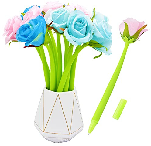 SIPLIV Bolígrafo de tinta de gel con diseño de flores artificiales creativas, color negro líquido, 0,5 mm, para niñas y mujeres, suministros escolares de oficina, Rose B