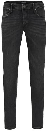 JACK & JONES Men's Jeans Slim Fit Denim Pants Low Rise Button Fly, Black Denim Colour, UK Size 36W / 32L