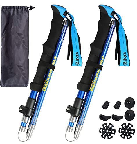 HUGSEE Wanderstöcke - Nordic Walking Stöcke Damen und Herren,Faltbar wanderstöcke Teleskop 110-135cm, Ultraleichte Trekkingstöcke aus Aluminium, Klemmverschluss mit 4 Paar Gummipuffers 2Pack (Blau)